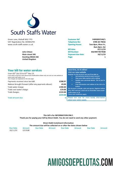 Reino Unido South Staffs Water Water Utility Bill Formatos Word e PDF, Versão 2 exemplo